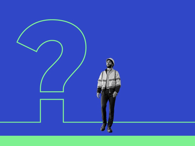 An image of a man in a construction vest next to a giant question mark graphic.
